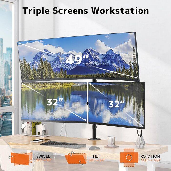 Кронштейн для 3 моніторів (до 1x49'' та 2x32''), настільний тримач з регулюванням висоти, нахилом та поворотом, VESA 75x75/100x100, чорний