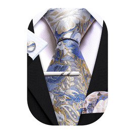 Краватка Barry.Wang для хлопчиків, 119.9 см, самов'язування, комплект з кишеньковим хустинкою, для підлітків, шкільної форми, випускного, виступів, вік 6-15 років (біло-блакитний квітковий принт)