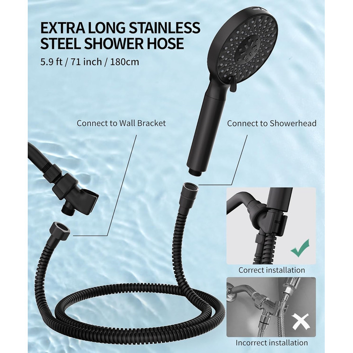 Душова лійка SR SUN RISE з фільтром, шланг та картриджі, 9 функцій, високий тиск, для жорсткої води, видаляє хлор, важкі метали, бактерії, чорний глянцевий колір