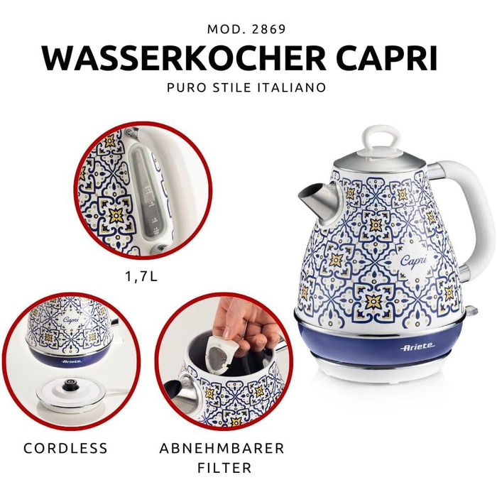Ariete Vintage Electric Kettle 2869 - 1.7L Stainless Steel Retro Kettle with Water Level Indicator, Cordless 360° Base, Auto Shut-Off, Tea Infuser, Blue & White