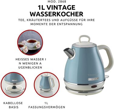 Електричний чайник Ariete Vintage 2868 Beige (Blau), 1 літр, нержавіюча сталь, 1600W, з бездротовим 360° підставою, автоматичне відключення