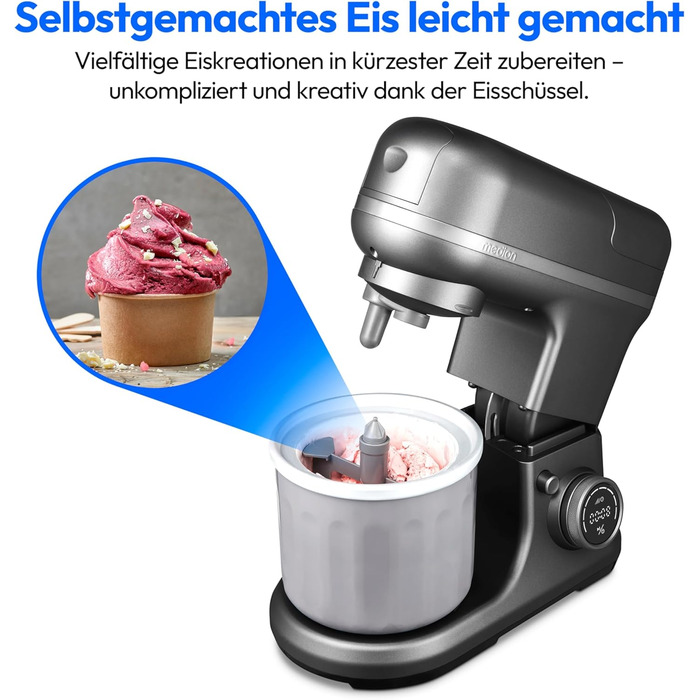 Кухонна машина MEDION MD18430: 3-в-1 (міксер, м'ясорубка, тістоміс), 5 л чаша з нержавіючої сталі, 1200 Вт, цифровий дисплей, чаша для льоду, титан