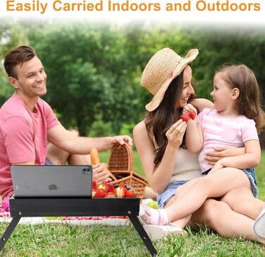 Бамбукове піднос-столик Greenual з ручками, складними ніжками, слотом для медіа, чорного кольору (2 шт.)