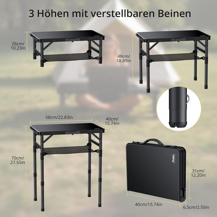 Складний кемпінговий стіл Anbte 58x40 см, алюмінієвий каркас, чорний пластиковий стіл з регульованою висотою (26/48/70 см) для пікніка, саду, балкону з сіткою для зберігання