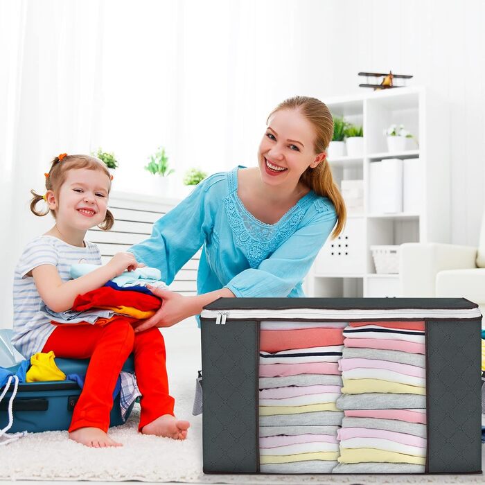 6 містких мішків для зберігання Budding Joy 90л з кришкою сірого кольору. Органайзери для одягу, постільної білизни, ковдр. Ідеально для переїзду та зберігання.