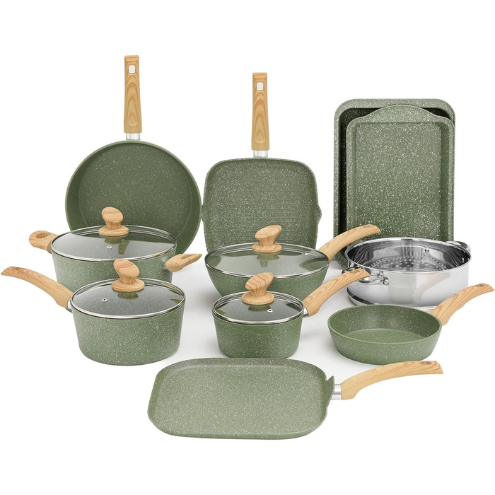 Kitchen Academy 17-Piece Induction Cookware Set with Grill Plate, Green Granite Pots and Pans, Non-Stick Coated, Healthy Non-Stick Cookware Set 17 PCS Cookware Set Green
