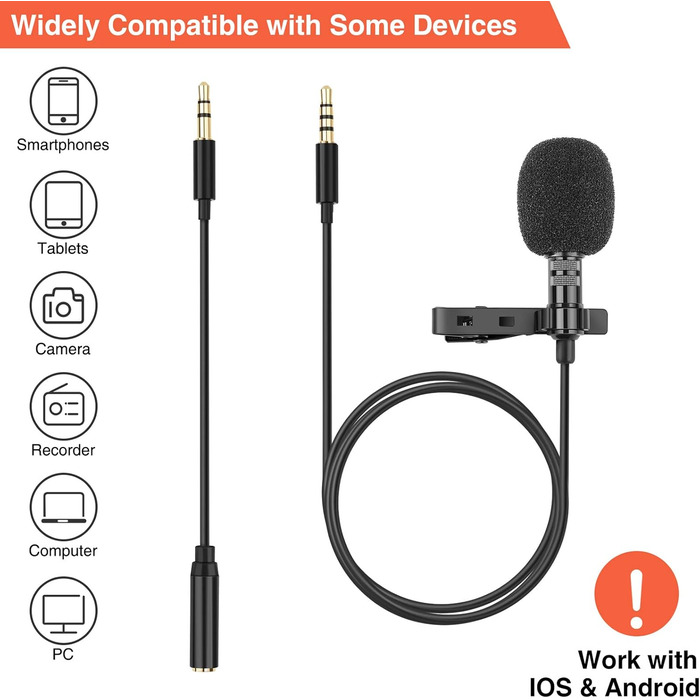 Мікрофон-петличка LEKATO для смартфона та ПК (2 шт.), 3.5 мм, 2 м кабель для запису, трансляцій, інтерв'ю, конференцій, подкастів