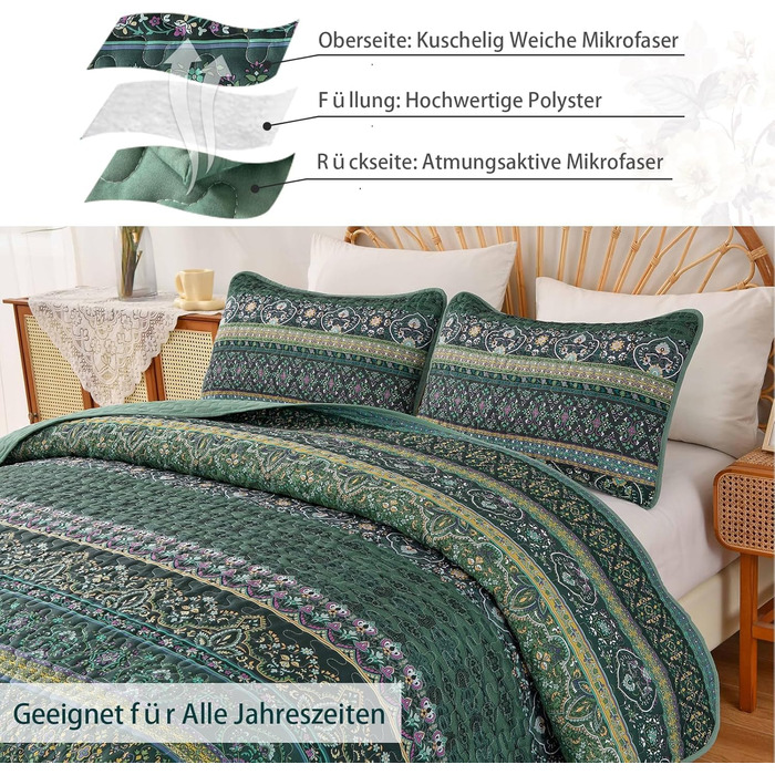 WONGS BEDDING Bedspread 220x240 Bed Throw Bohemian Quilt Steppdecke 3-Piece Double Bed Quilted Bedspread Microfiber Throw Blanket with 2 Pillowcases 50x70 for Bedroom as Sofa Throw (Bohemian) (200x220 cm, Dark Green)