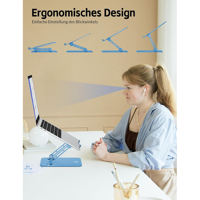 Підставка для ноутбука Ergonomic Aluminium, регульована по висоті та складна, стабільна та неслизька, покращена вентиляція, сумісна з MacBook (до 15,6 дюймів) (Темно-синій)
