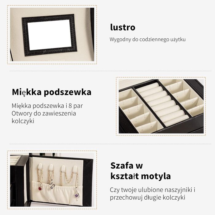Скринька для прикрас ADEL DREAM з замком, 3 яруси, 2 шухляди, дзеркало для кілець, сережок, намист та браслетів, колір шампань-білий (Pan Seide Schwarz)