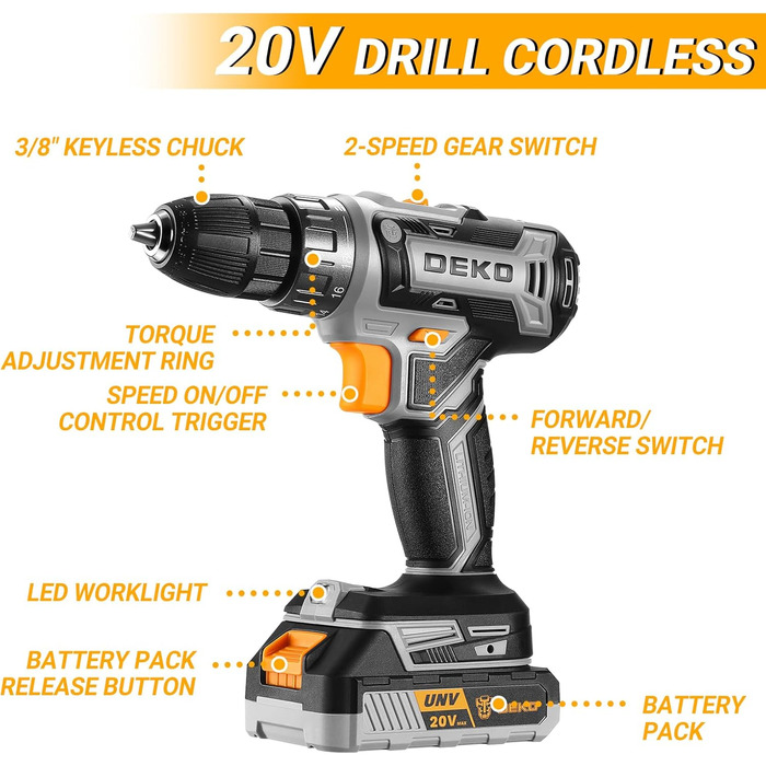 Акумуляторний шуруповерт DEKOPRO 20V 40 Nm: комплект з 2 акумуляторами, LED, 18+1 момент, для дому та DIY, сірий
