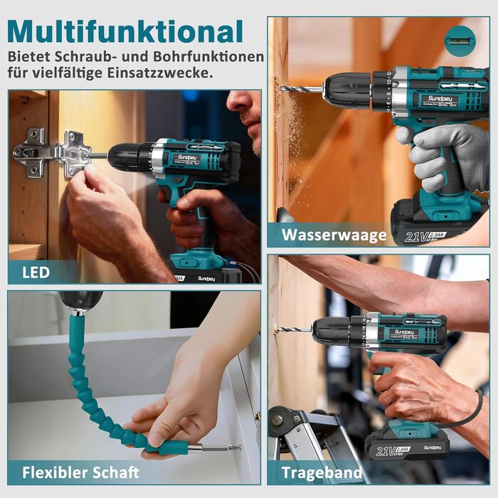 Акумуляторний шуруповерт Sundpey Set з 2 акумуляторами 2.0Ah, 21V, 1500 об/хв, 45Nm, 18+1 режим, LED-підсвічування, для ремонту та DIY