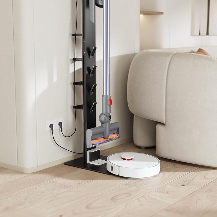 PureMounts Vacuum Cleaner Stand with Angled Baseplate for Robot Vacuums, 8 Accessory Holders, Compatible with Dyson V6, Dyson V7, Dyson V8, Dyson V10, Dyson V11, Dyson V12, Dyson V15, Black for Vacuum Cleaners + Robot Vacuums 8x Accessory Holders Black