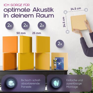 Акустичні панелі для поглинання шуму Sunny Shades, набір 8 шт, квадратні 3D панелі для стін, виготовлено в ЄС