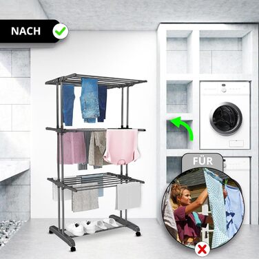 Воніа - багаторівнева сушилка для білизни на колесах, білий металевий стійка, 3 яруси, 6 відкидних крил, 72 x 50 x 172 см, економна, мобільна та стабільна для внутрішнього та зовнішнього використання