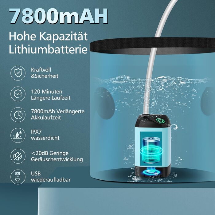 Набір для кемпінгу Campingdusche з насосом, акумулятором 7800mAh та індикатором заряду, душовий набір для кемпінгу, саду, миття авто, пляжу та тварин
