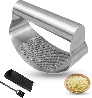 Прес для часнику з нержавіючої сталі - багатофункціональний прес для часнику з силіконовим очищувачем та щіткою для чищення. Можна мити в посудомийній машині (срібний)