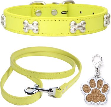 Нашийник для собак з натуральної шкіри та поводок-стрічка: комплект для маленьких та середніх собак і котів, білий (S, жовтий)
