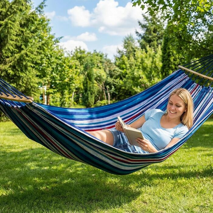 Гамак садовий ANYOO з дерев'яною перекладиною, портативний, зручний для тераси, саду, пляжу (синьо-червоно-білий)