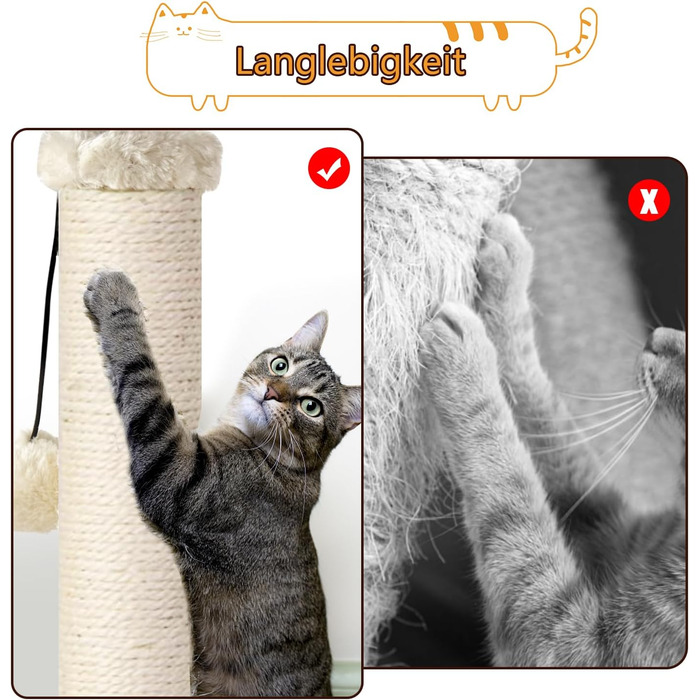 Котяча кігтеточка AUSCAT з іграшками, 63 см, бежева. Кігтеточка-стовп з натурального сизалю в сучасному дизайні