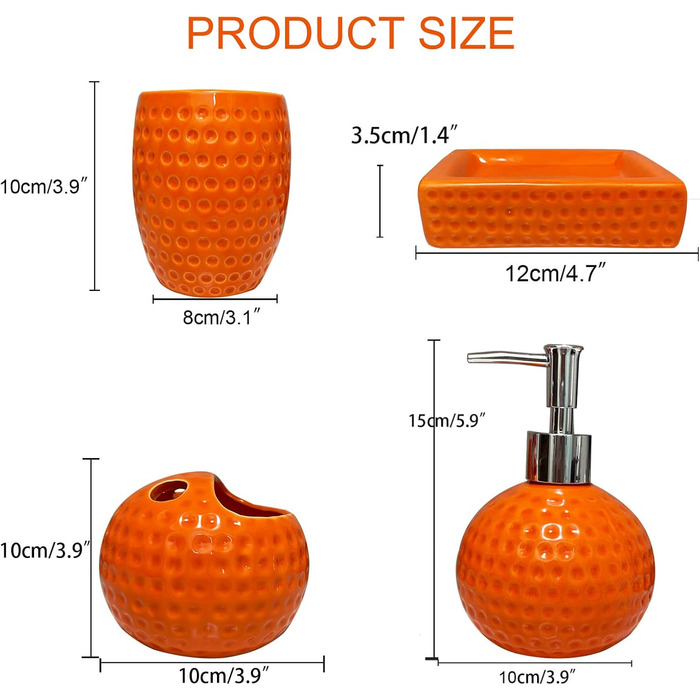 Набір аксесуарів для ванної кімнати, кераміка, оранжевий, 4 шт. (дозатор мила, тримач зубних щіток, чашка, мильниця)