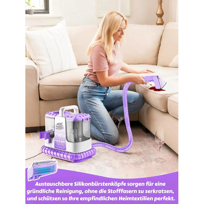 Пилосос для чищення м'яких меблів Polsterreiniger 500W 18КПа з функцією самоочищення, фіолетовий - для килимів, диванів, авто
