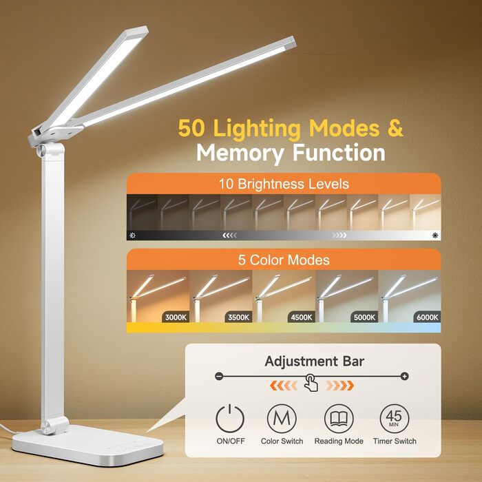 LED лампа для столу One Fire з адаптером, 1000 люмен, 96 LED, диммер, таймер, світлова пам'ять, для дітей, денне світло, для читання