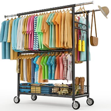 Стійка для одягу Bomclap з великою вантажопідйомністю, з колесами, висувна, з 3 перекладинами, 8 гачками та полицею, міцна, до 160 кг (чорна)