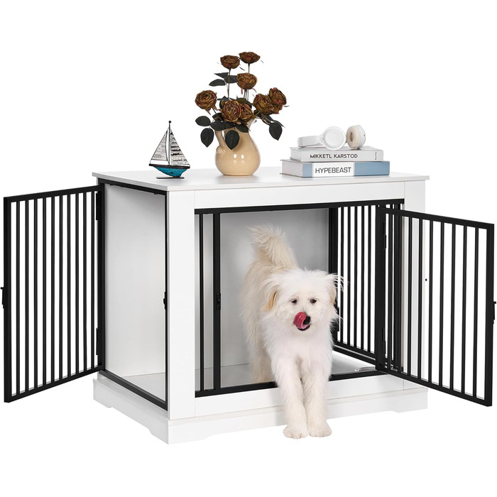 BEWISHOME Клітка для собак, 81 см, Біла, з 3 дверцятами, для дому, з функцією столику, для маленьких/середніх собак, EMGL03W