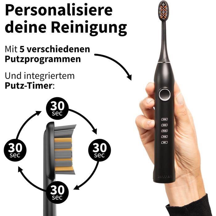 Zahnheld GERO G3 Електрична звукова зубна щітка з кейсом та насадкою | Відбілююча паста Natural White | 5 режимів чищення, тривала робота від акумулятора, чорний колір