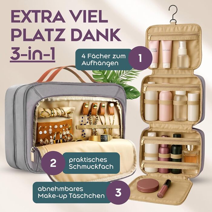 Косметичка для жінок велика 3-в-1 з гачком для підвішування, 4 відділення, відділення для прикрас та косметичка – практична дорожня косметичка сірого кольору