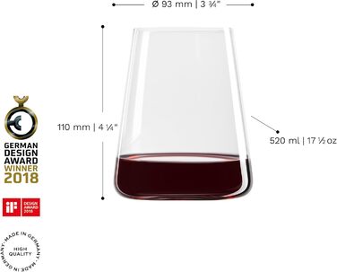 Stölzle Lausitz Red Wine Glasses Power 6-Piece Set 520ml – Modern Stemless Wine Glasses for Maximum Aroma Development – Flat Red Wine Glasses Made of Crystal Glass – Dishwasher & Shockproof, Made in Germany