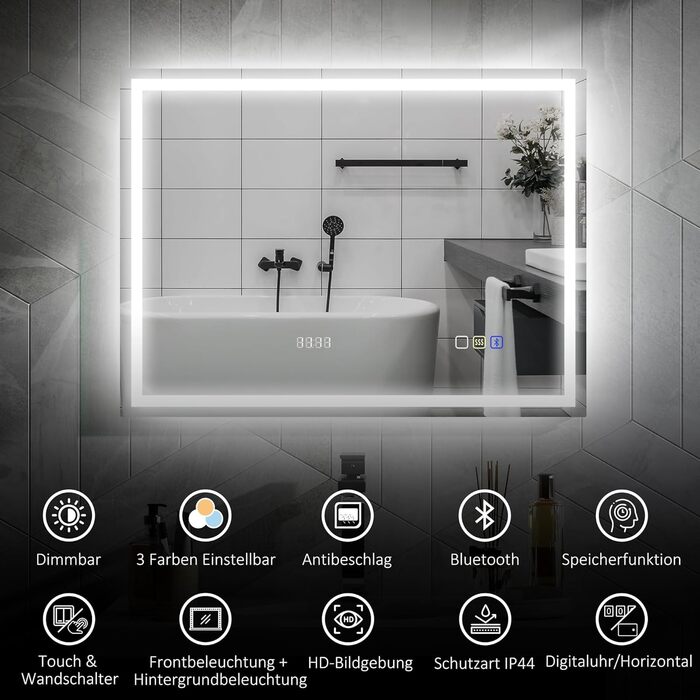 Дзеркало для ванної кімнати HOMCOM з підсвічуванням 100x80 см LED, Bluetooth, годинник, 3 кольори світла, проти запотівання, сенсорне керування, срібло