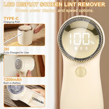 Електричний видальник ворсу BUOAZR: 3 режими, LED-дисплей, комплект для чищення, для різних тканин (бежевий)