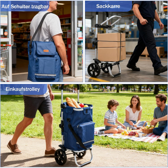 Тролей для покупок Sekey 60L, 3-в-1, складна, з алюмінію, регульована ручка, з відділенням для їжі та напоїв, великий, для покупок та кемпінгу (Блакитний)