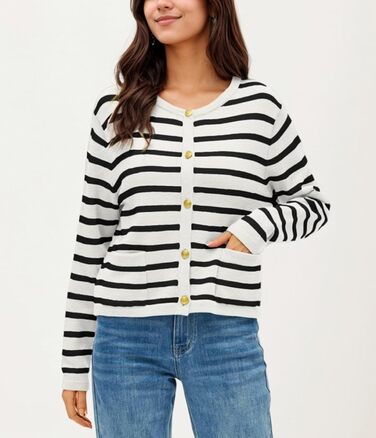 Жакет жіночий короткий з 2 кишенями на ґудзиках, смугастий, в'язаний, кардиган, мода, осінь (L, білий)