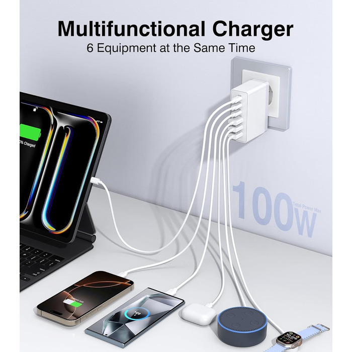 Зарядний пристрій USB-C 120W з USB-A (4 порти) PD3.0 для MacBook Air, iPhone 17/16/15/14 Pro/Pro Max, Samsung та інших пристроїв – білий