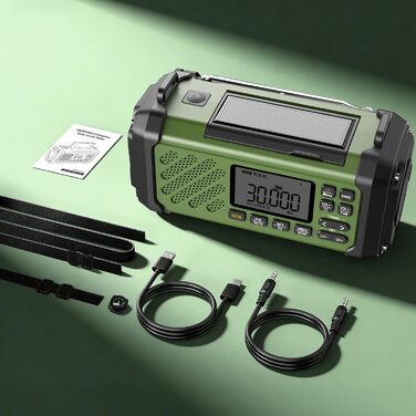 Радіо на механічній ручці Vikeri 12000mAh з сонячною панеллю, AM/FM/SW, LED ліхтарик, SOS сигнал, компас, USB-C зарядка для телефону, портативне радіо для надзвичайних ситуацій (Зелений)