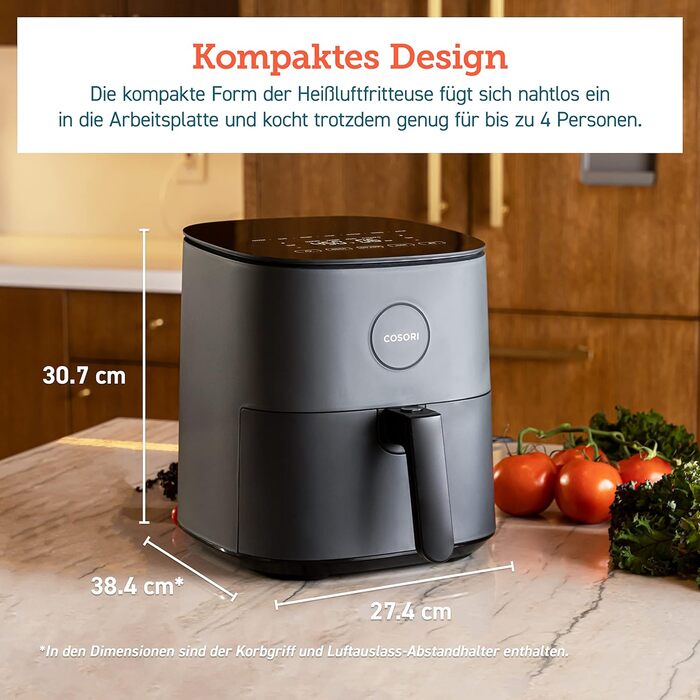 Аерофритюрниця COSORI 9-в-1, 5 л, компактна, до 230°C, для м'яса, з антипригарним кошиком і сенсорним склом, 130+ рецептів, мало олії