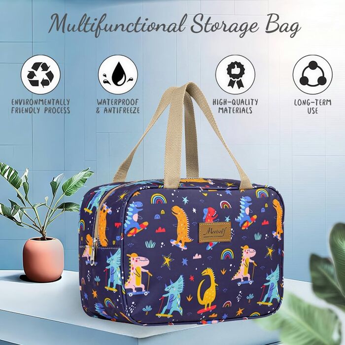 Велика косметичка для подорожей, жіноча косметичка-органайзер, косметичка для макіяжу з ручкою, велика дорожня косметичка для аксесуарів, темно-синя з динозавром (#9 Blätter)