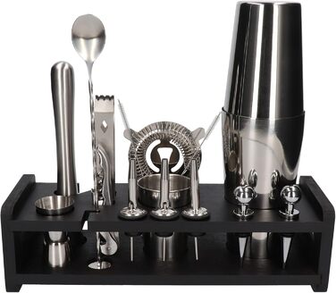 Набір для коктейлів Whiskey Rocks 17-Piece з бамбуковим підставкою: шейкер, мірний стакан, товкачик, ложка, з нержавіючої сталі, сріблястий