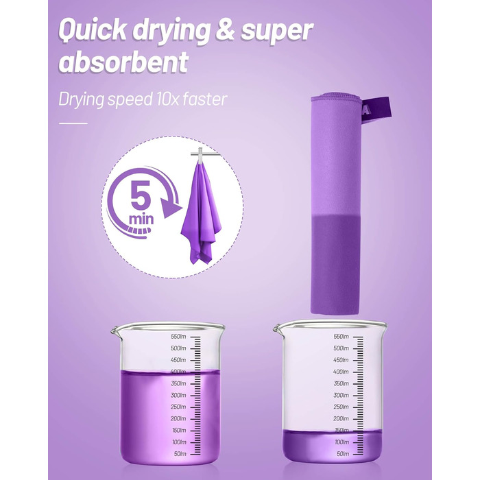 Набір рушників з мікрофібри GZXYA (3 шт.): великий (180x60 см) + 2 маленькі (80x40 см), швидковисихаючі, для спорту та басейну, фіолетовий