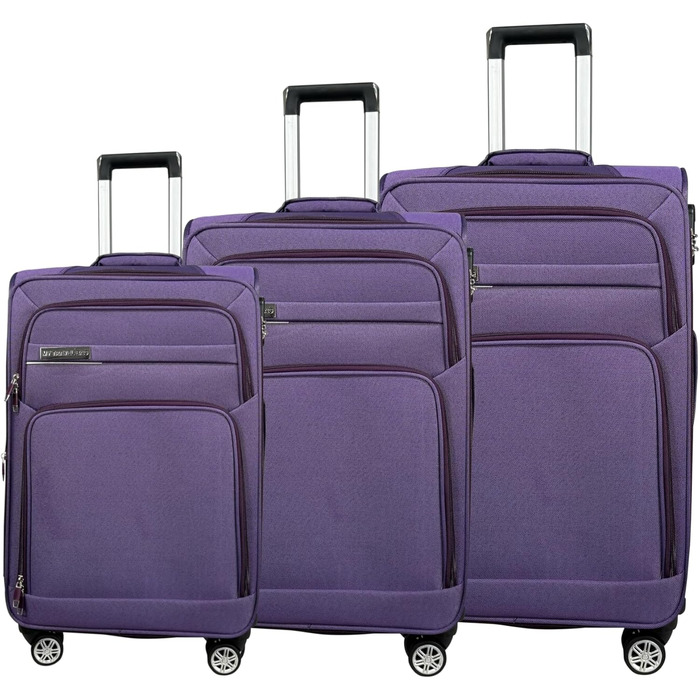 Чемодан-тележка для подорожей з розширенням, м'яке багаж, 4 колеса (M/L/XL/XXL або набір 4 шт.), фіолетовий, ручна поклажа (55 см), набір 3 шт.