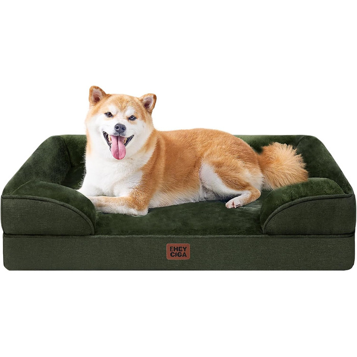 Ортопедичне ліжко для собак EHEYCIGA, 89x56 см, Memory Foam, для собак середніх та маленьких порід, вологостійке, з високим бортиком, темно-зелене