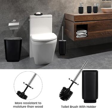 Сучасний набір для ванної кімнати на 6 предметів (білий) з дозатором мила, тримачем для зубних щіток, мильницею, WC-щіткою, відром та стаканом (чорний метал)