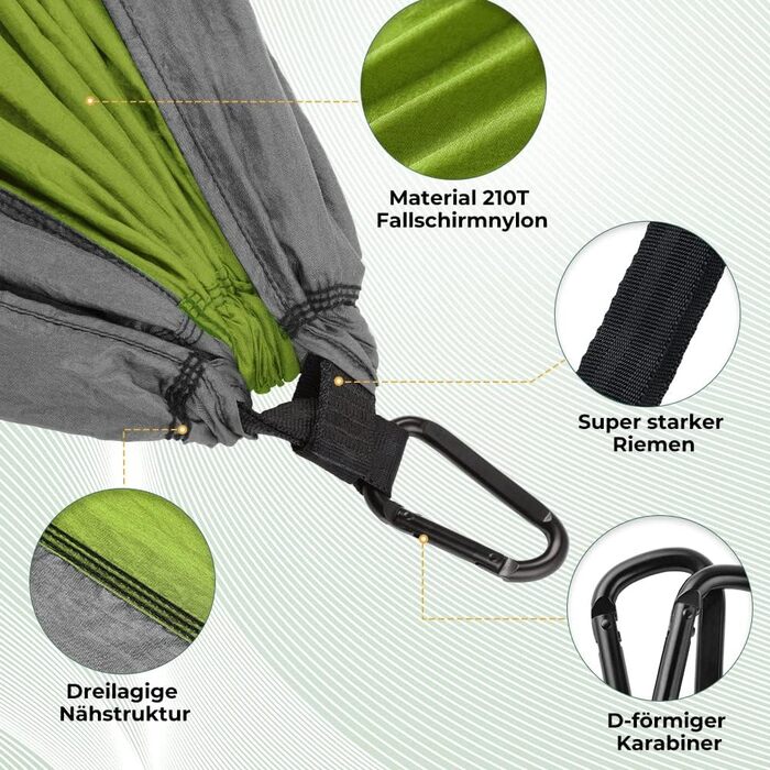 Гамак туристичний Glymnis Ultraleicht Outdoor 300x200 см, зелено-сірий, з мотузками та карабінами, вантажопідйомність 300 кг