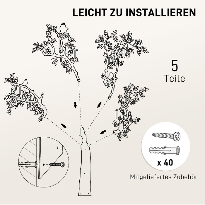 HOMCOM Coat Rack Wall-Mounted Coat Rack in Tree Shape with 4 Birds, 8 Hooks Coat Rail, Wall Decoration for Jackets, Coats, Hats, Scarves, Handbags, 120 x 175 cm, Black | Aosom