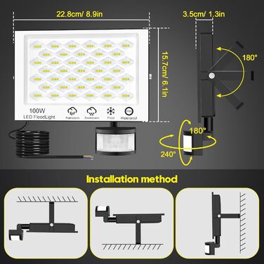Viugreum LED Floodlights with Motion Sensor 20000lm Outdoor IP66 Waterproof Spotlight 6500K Cool White Outdoor Light Floodlight for Garden (100w, 2PCS)
