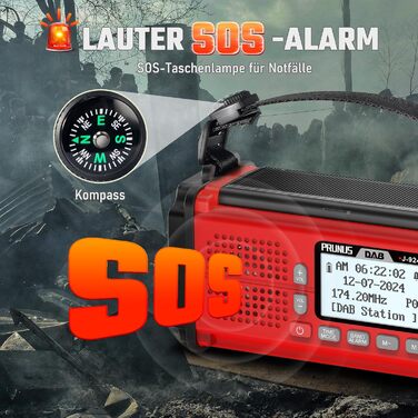 Радіоприймач PRUNUS J-924D: Цифрове DAB+/UKW радіо, радіоприймач для надзвичайних ситуацій з акумулятором 10000mAh, Bluetooth, ліхтарик, SOS-сигнал, зарядка для телефону. (Зелений/Червоний)