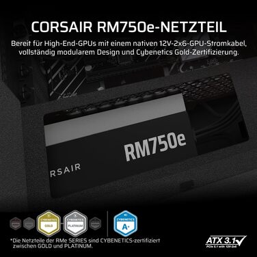Блок живлення Corsair RM750e (2025) 750W, повністю модульний, ATX 3.1, PCIe 5.1, 12V-2x6, Cybenetics Gold, низький рівень шуму, чорний